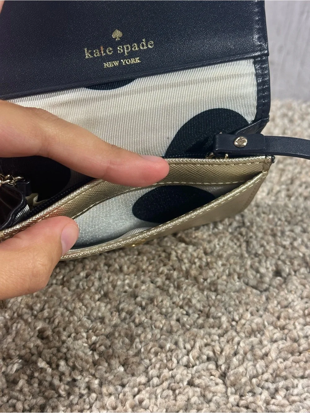 Kate Spade New York Champagne Trifold Wallet w/ Black Polka Dots